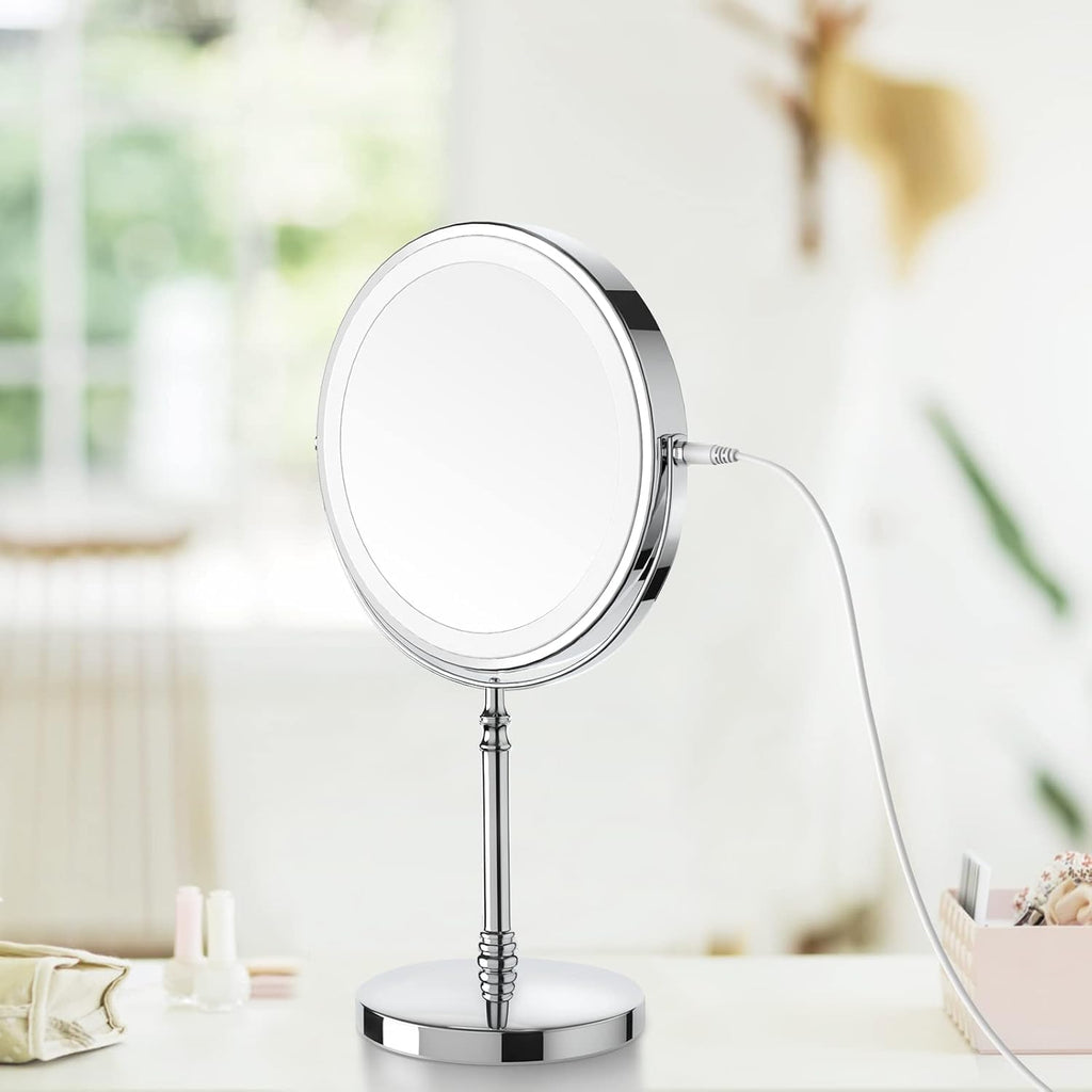 Makeup Mirror, 3000mAh Rechargeable Double-Sided Magnifying Vanity Mirror with 3 Colors, 1X/10X, Adjustable Brightness