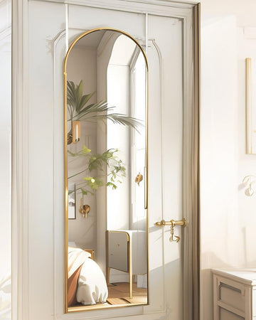 14"x 48" Arched Vertical Wall Mirror, Gold Frame, Over The Door, Full Body, Hanging or Mounting, Modern Style