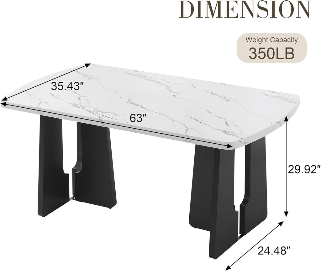 63" Faux Marble Dining Table for 6-8, Rectangular Kitchen Table with Unique Base, MDF Marble Look Top with Rubber