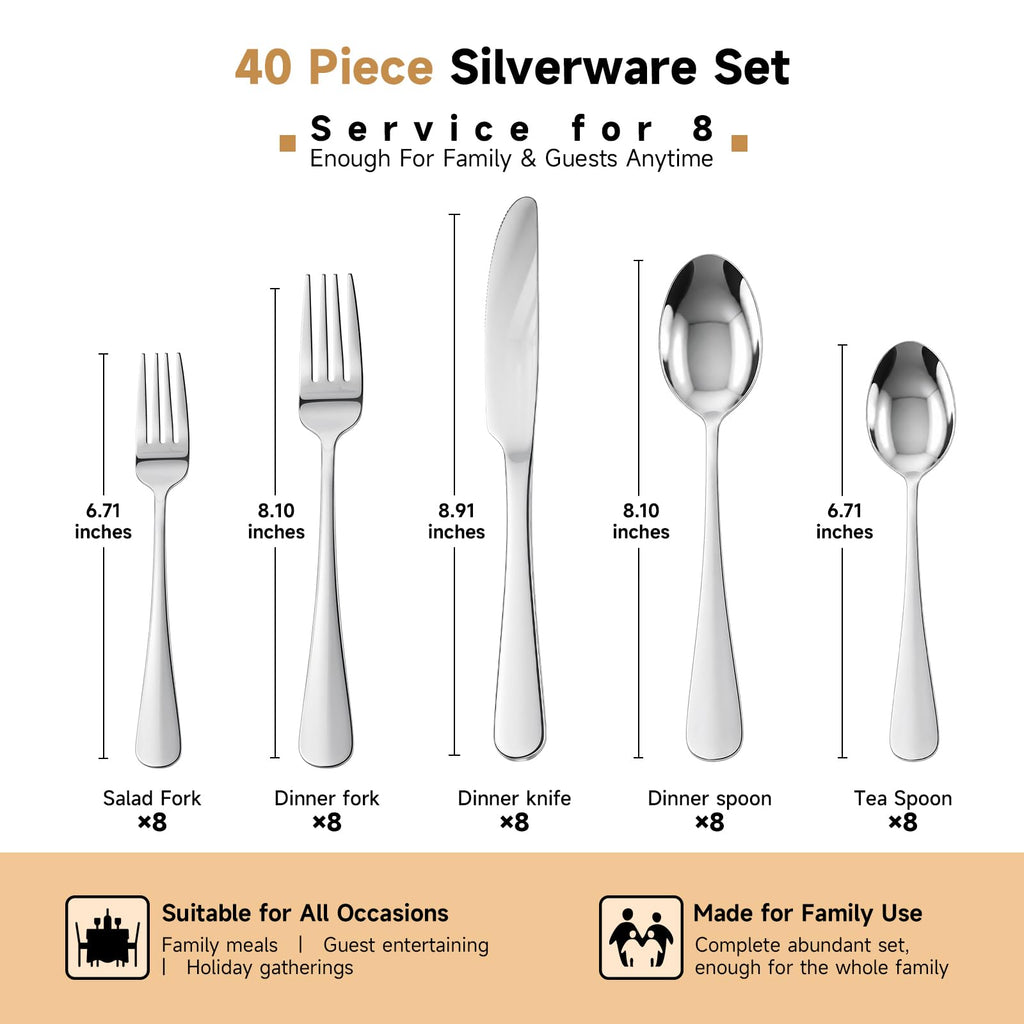 40 Piece Silverware Set for 8, Modern Stainless Steel Flatware Set