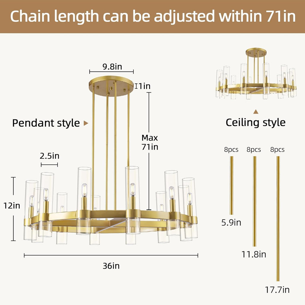 Inspired Ravelle Style 12 Light Brass Round Chandelier 36" Wagon Wheel Chandeliers for Dining Room Light Fixture Clear Glass Tube Chandelier Modern Farmhouse Chandeliers for LivingRoom Foyer, Bulb Included