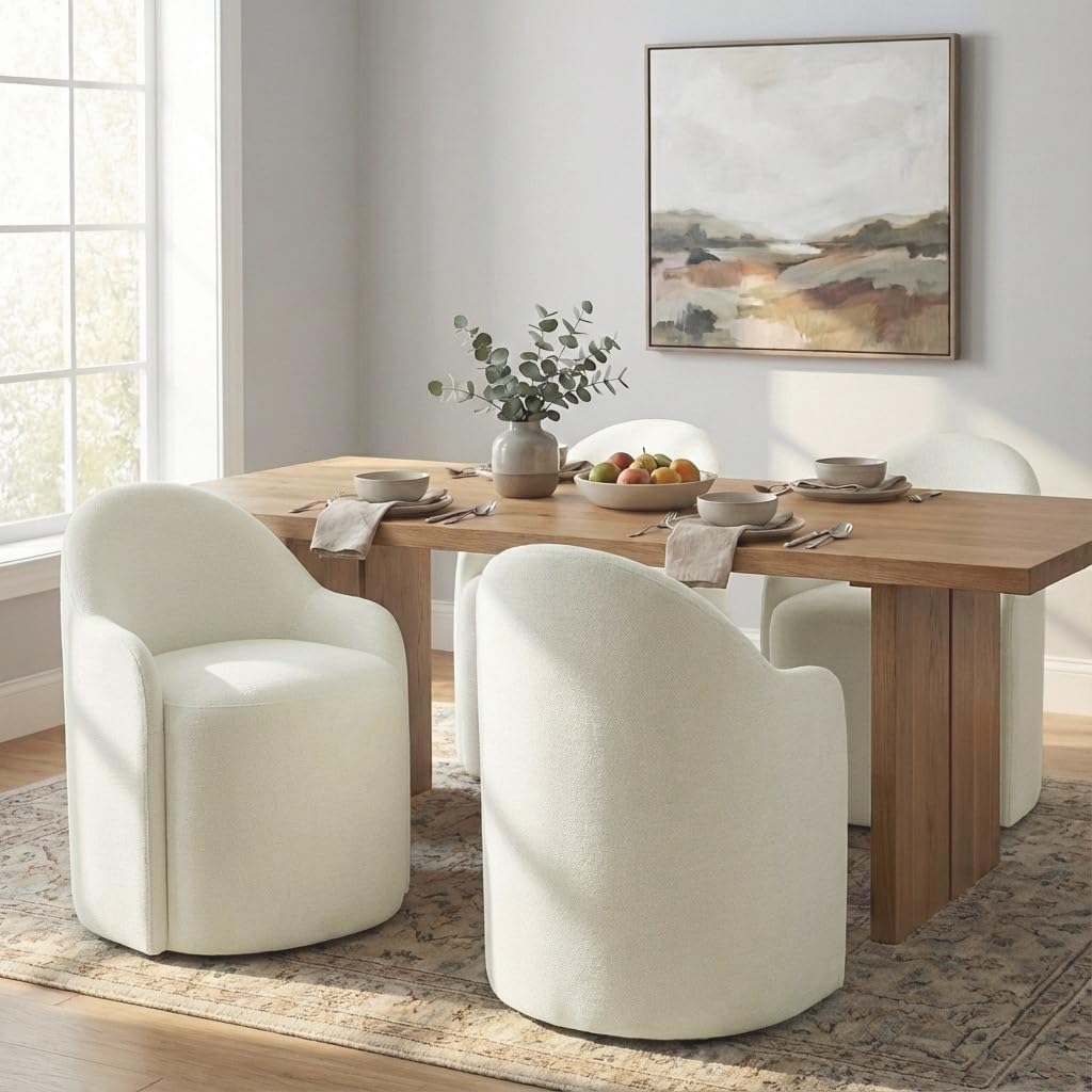 Upholstered Dining Chairs with Casters, No Assembly Modern Dining Room Chairs Accent Vanity Chair with 5 Wheels & Round Backrest for Bedroom, Living Room, Dressing, Linen Fabric, Set of 1