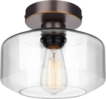 Industrial Semi Flush Mount Ceiling Light, Clear Glass Pendant Lamp Shade, Oil Rubbed Bronze Farmhouse Lighting