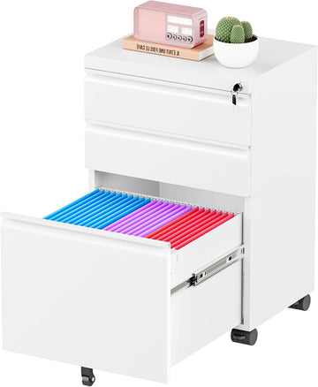 3 Drawer Mobile File Cabinet with Lock, Fully Assembled Rolling File Cabinet Except Casters, Under Desk File Cabinet