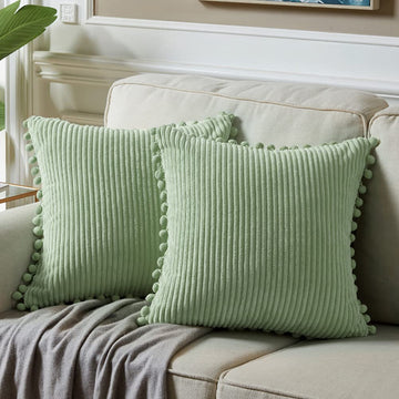 Pack of 2 Sage Green Euro Decorative Throw Pillow Covers 26x26 Inch with Pom-poms, Soft Corduroy Solid Square Cushion