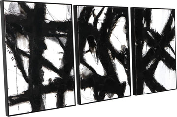 Black and White Abstract Canvas Wall Art - Framed 3 Pieces 20 x 28 Inches Modern Painting Prints with Hand-Painted