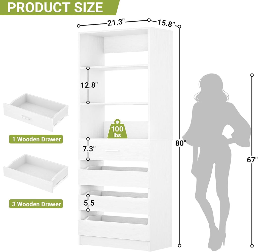 21.3" Closet System with 4 Drawers, Wood Closet Organizer with Open Shelves, Modular Drawers System Tower, Walk-in