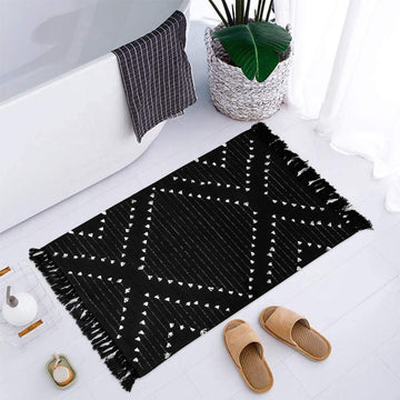 Boho Black Bathroom Rug 2x3 Bath Mat, Washable Cotton Woven Throw Rugs, Small Accent Rug for Front Door Outdoor