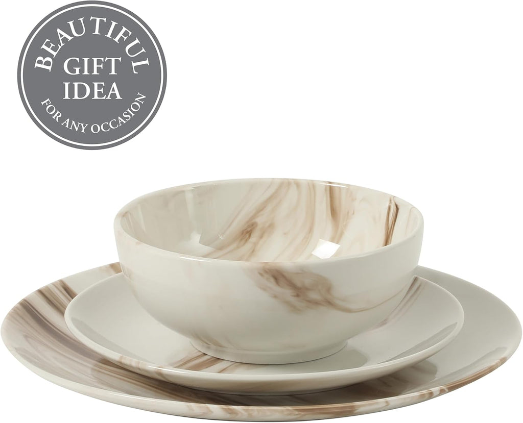 Cloudlight 12 Piece Plates and Bowls Dishes Brown and White - Decorated Porcelain Ceramic Dinnerware Set - Service for 4