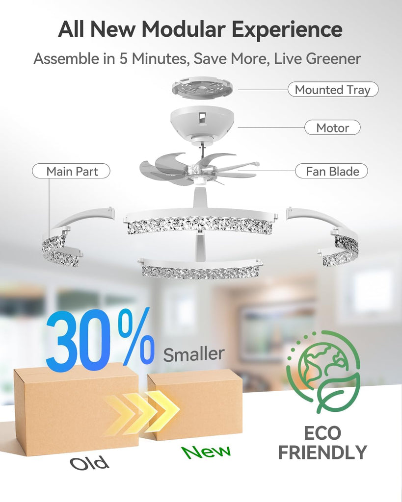Ceiling Fans with Lights and Remote, 20'' Low Profile Ceiling Fans, 3000-6000K Dimmable Modern Flush Mount LED Fan Light, Fandelier Ceiling Fan for Bedroom, Kitchen, Living Room, White