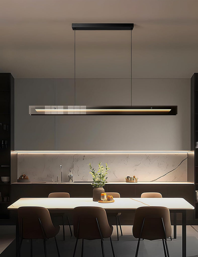 Glass Modern Black Linear Pendant Light - LED Hanging Kitchen Island Lights, Adjustable Dimmable Ceiling Fixtures