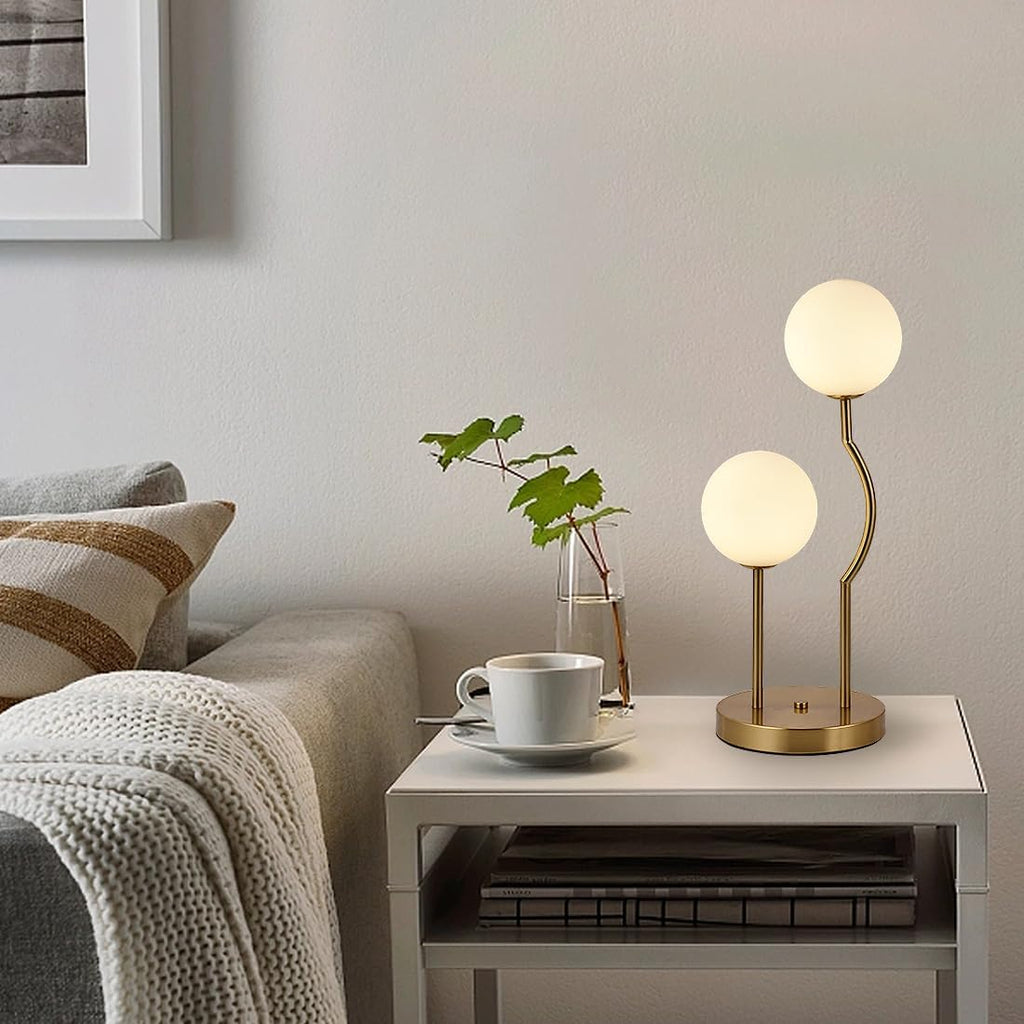 Mid Century Gold Globe Table Lamp 2-Light Orb Modern Beside Desk Table Light with Milk White Glass Shade Metal Base
