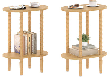 Narrow Side Table with Solid Wood Legs, Oval End Table Set of 2