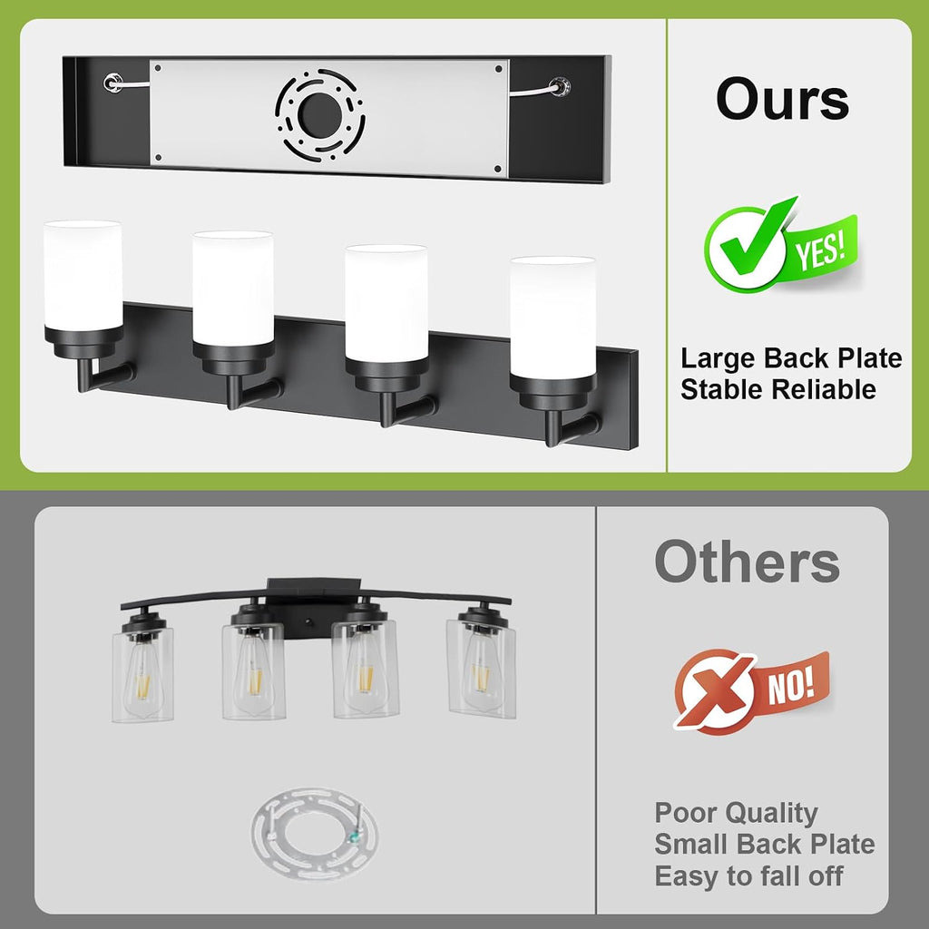 Bathroom Light Fixtures, Matte Black Bathroom Lighting Fixtures Over Mirror, Modern Vanity Light with White Glass