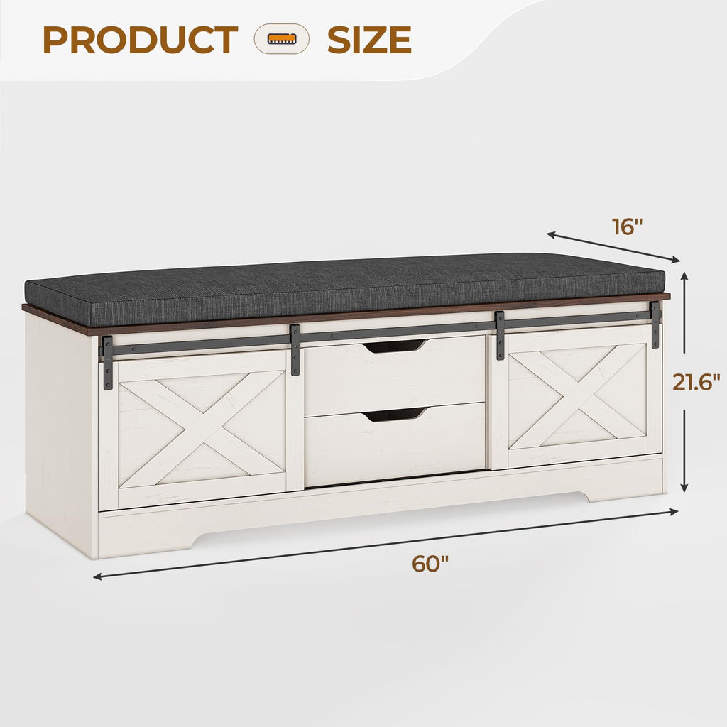 60" Farmhouse Storage Bench with Cushion, Shoe Rack with Slide Barn Doors, Adjustable Shelf and 2 Drawer for Entry