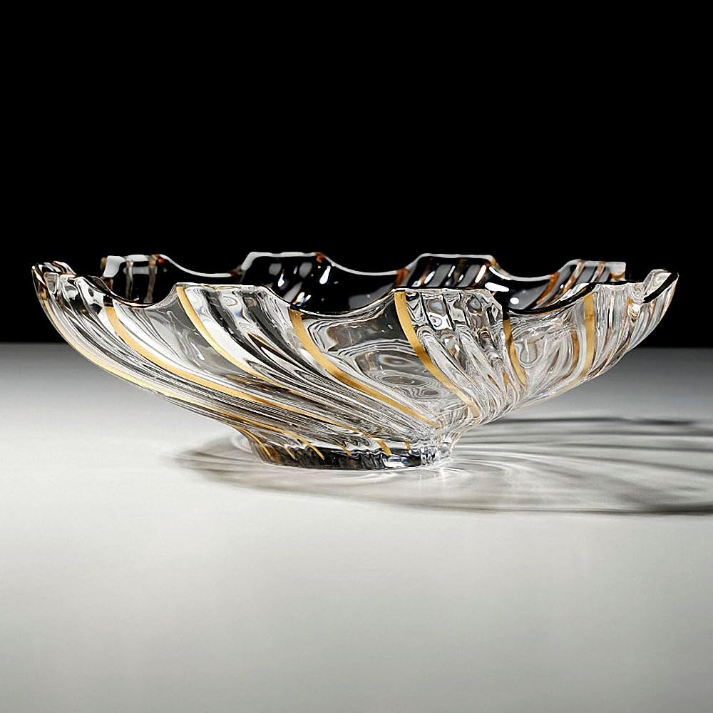 Large Hand Painted Gold Whirlwind shaped Crystal Glass Decorative Bowl-12.6 inch Diameter.