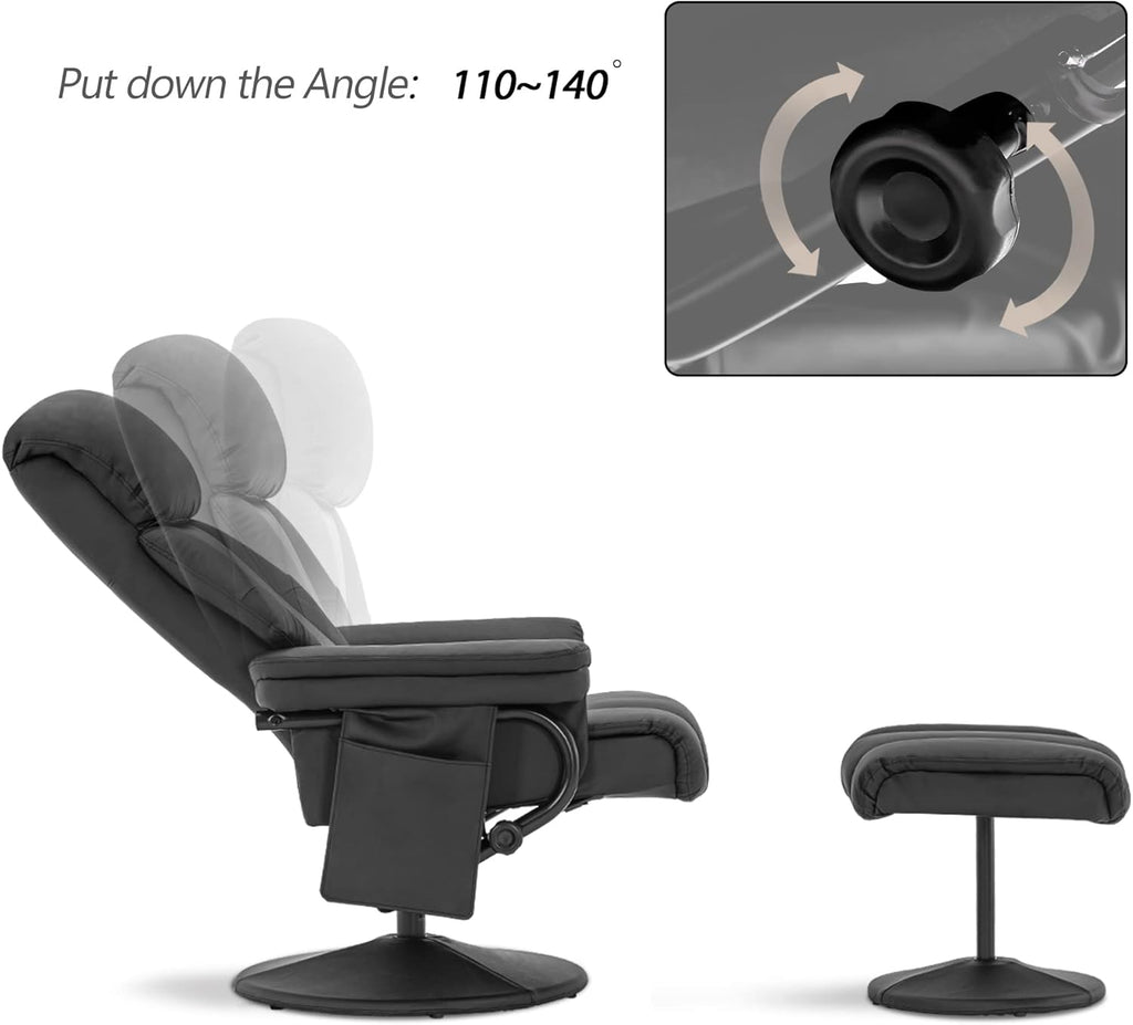 Modern Reclining Swivel Lounge Chair and Ottoman — Black Faux Leather