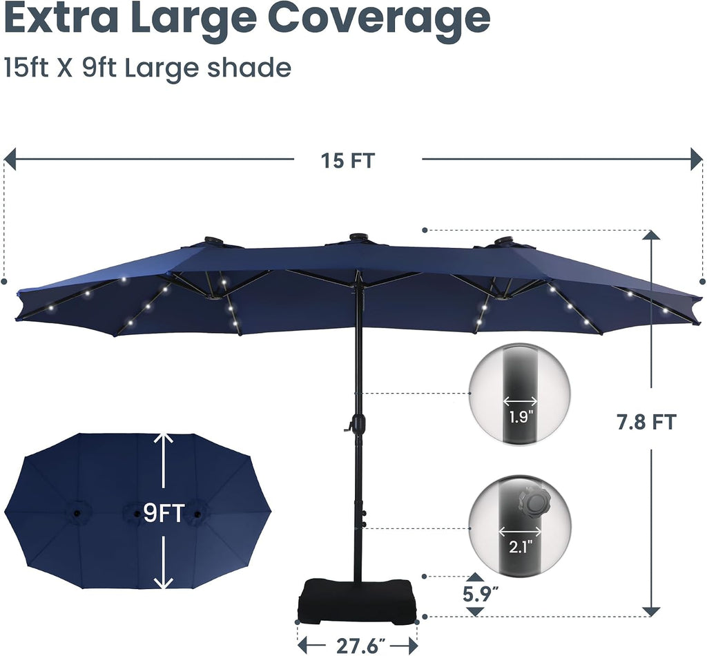 15ft Large Patio Umbrella with Base & Solar Lights,Rectangle,Navy | Outdoor Double-Sided Rectangular Umbrella with