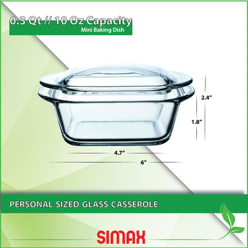 Casserole Dish For Oven, 10 Ounce Mini Glass Baking Dish With Lid, Small, Personal Sized Bakeware and Cookware, Great