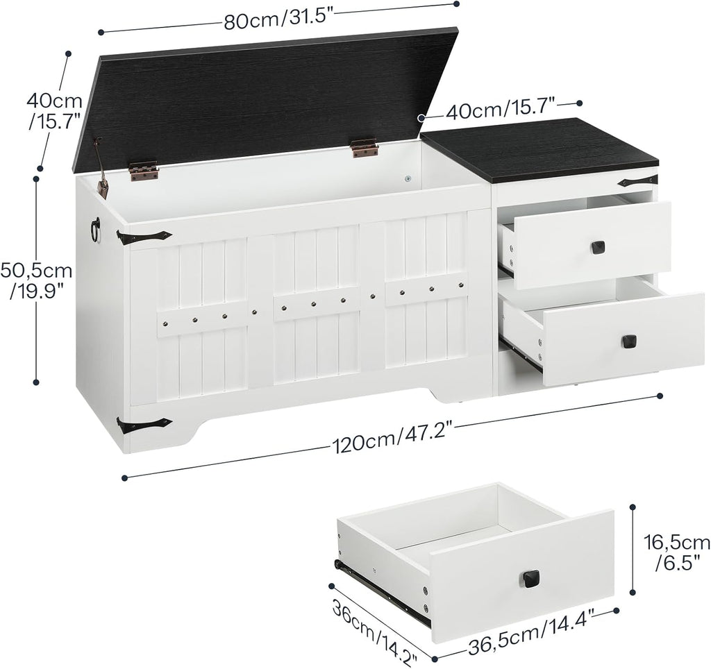 Storage Bench, Toy Box with Dual Drawers and Safe Hinge, Storage Chest with Extra-Long Thick Top, Easy Assembly