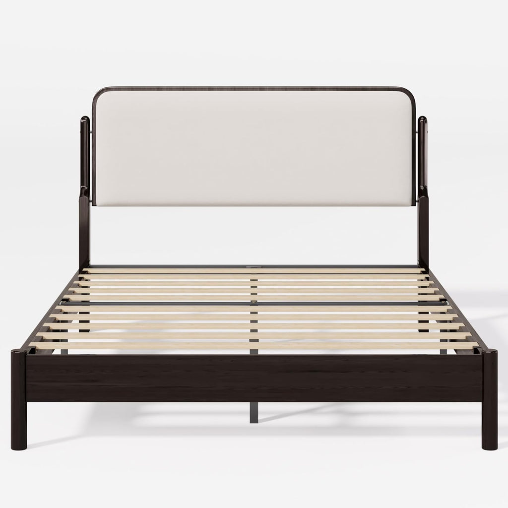 Queen Bed Frame with Upholstered Headboard, Solid Wood Bed Frame Queen with Ergonomic Design Headboard, Wood Slats