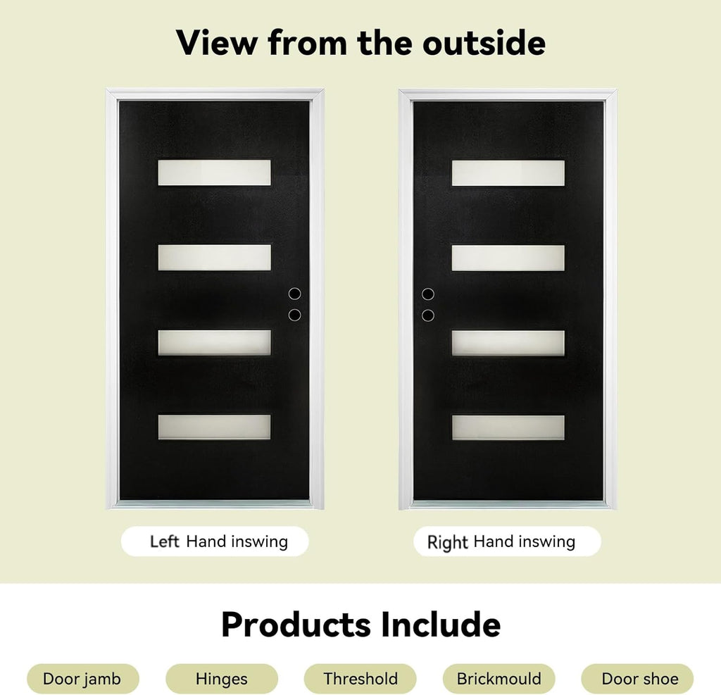 Fiberglass Exterior Door 36" x 80" with Frosted Glass and Brickmould, Left-Hand Inswing Front Door, Black Finish