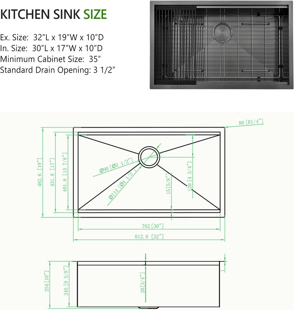 32x19 Black Undermount Kitchen Sink, 32 Inch 16Gauge Black Stainless Steel Undermount Kitchen Sink, Single Bowl