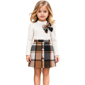 Toddler Girl Plaid Outfit Knit Top Skirt Set Fall Winter Clothes