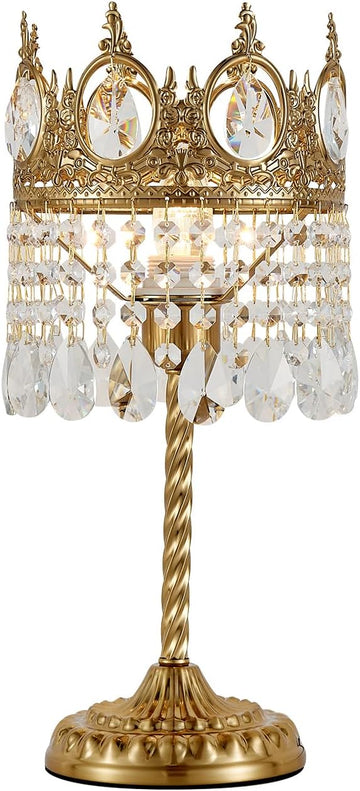 Vintage Gold Crown Shape Crystal Table Lamp, Small Bedside Nightstand Lamp