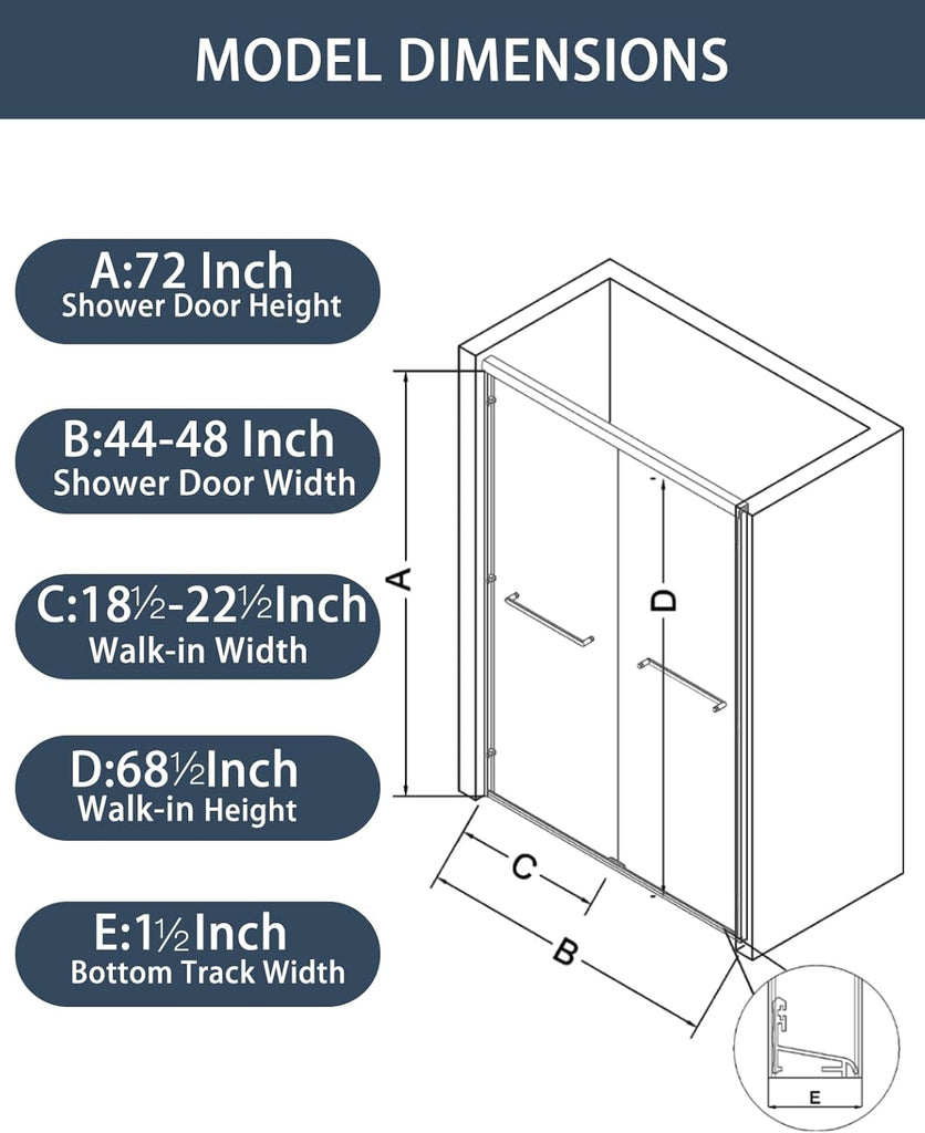 Sliding Shower Doors, 44-48 in W x 72 in H Glass Shower Door, 1/4 in(6mm) Tempered Glass