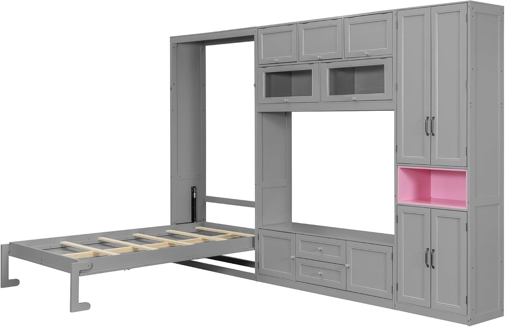 Twin Wooden Murphy Bed with TV Stand, Space-Saving Wall Bed Frame with 2 Drawers, Shelves, Cabinets, Foldable
