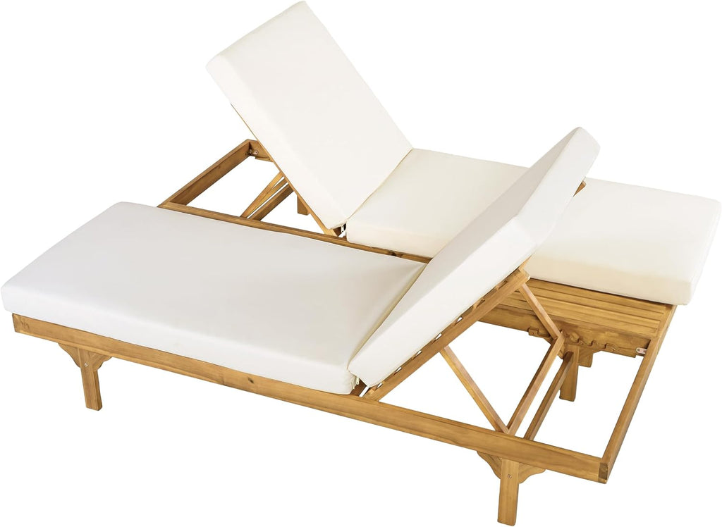 Acacia Wood Chaise Lounge Chair Set of 2, Double/Single Outdoor Sunbathing Pool Lounger with 4'' Cushion, Patio