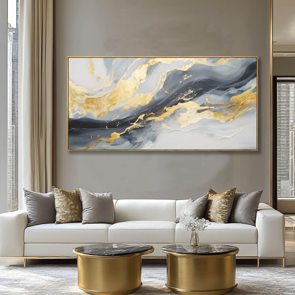 Framed Canvas Pictures Gold Wall Art Abstract Wall Art Blue Decor Metal Arts Large Prints Picture 24"x48" Artwork