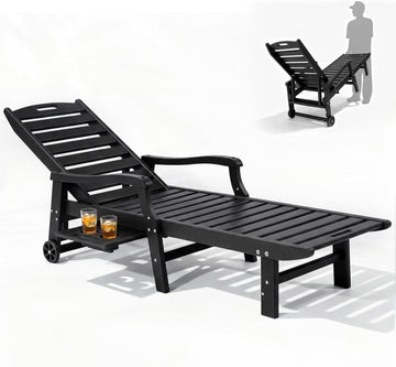Oversized Outdoor Chaise Lounge Chair with Cup Holder | 79" HDPE Patio Lounger with Wheels 5-Position Adjustable