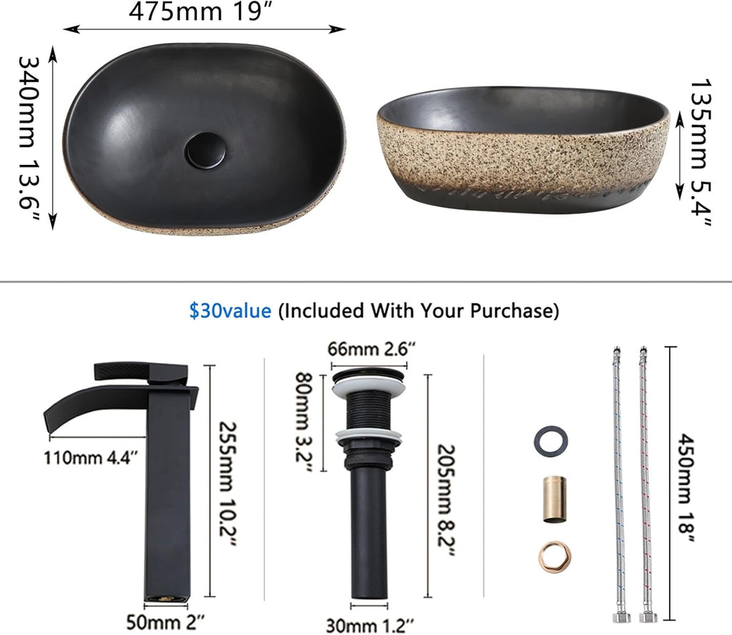 19 Inch Stone Bathroom Sink Basin with Waterfall Faucet and Pop-up Drain Combo,Tan Travertine Vessel Sink Above