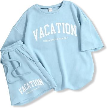 Girl's Tracksuit Sets 2 Piece Outfits Letter Print Vacation Tee Top and Drawstring Waist Shorts