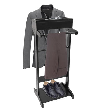 Suit Valet Stand Wood Valet Stand for Man, Clothing Valet Stand with Contour Hanger, Tray, Trouser Bar, Tie Bar and