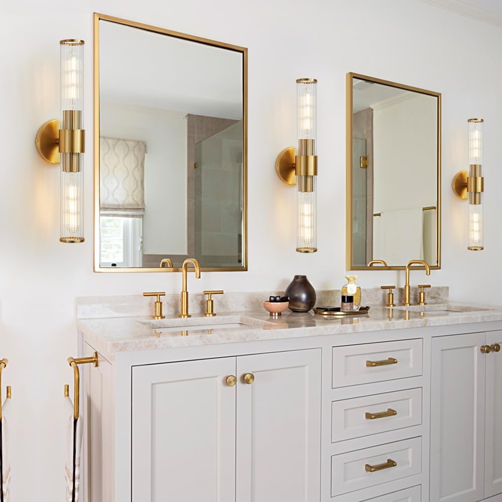 Hardwired Gold Vanity Light Threaded Glass Wall Sconce 2 Pack | Up & Down Bidirectional Lighting, Damp Rated s