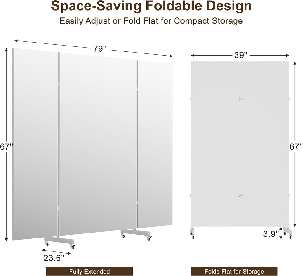 Full Length Stand Up Mirror on Wheels, 79''×67'', Large Tri-Fold Floor Mirror with Stand, Movable 3-Way