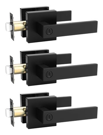 3 Pack Square Privacy Door Levers Locksets in Matte Black Finish, Bed/Bath Door Levers Keyless Interior