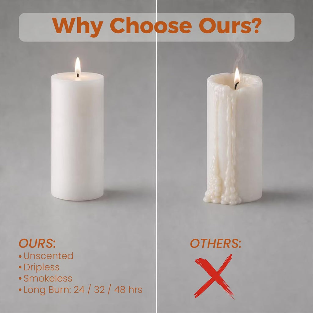 24-Pc White Pillar Candles & Clear Hurricane Glass Candle Holders, 3 Sizes | 12 dripless candles + 12 clear