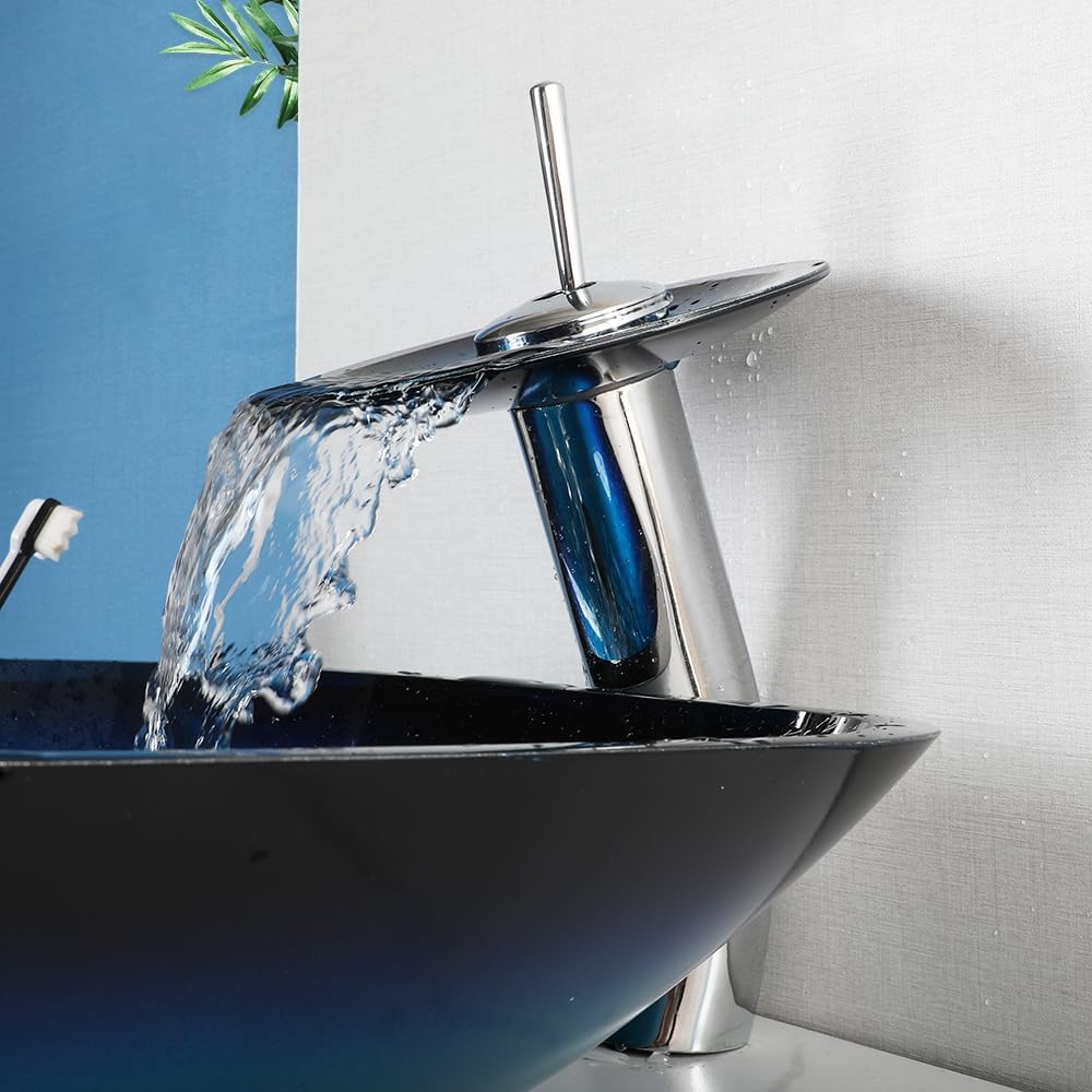 17" Blue Bathroom Vessel Sink,Square Tempered Glass Washing Sink Bowl with Waterfall Faucet And Drain