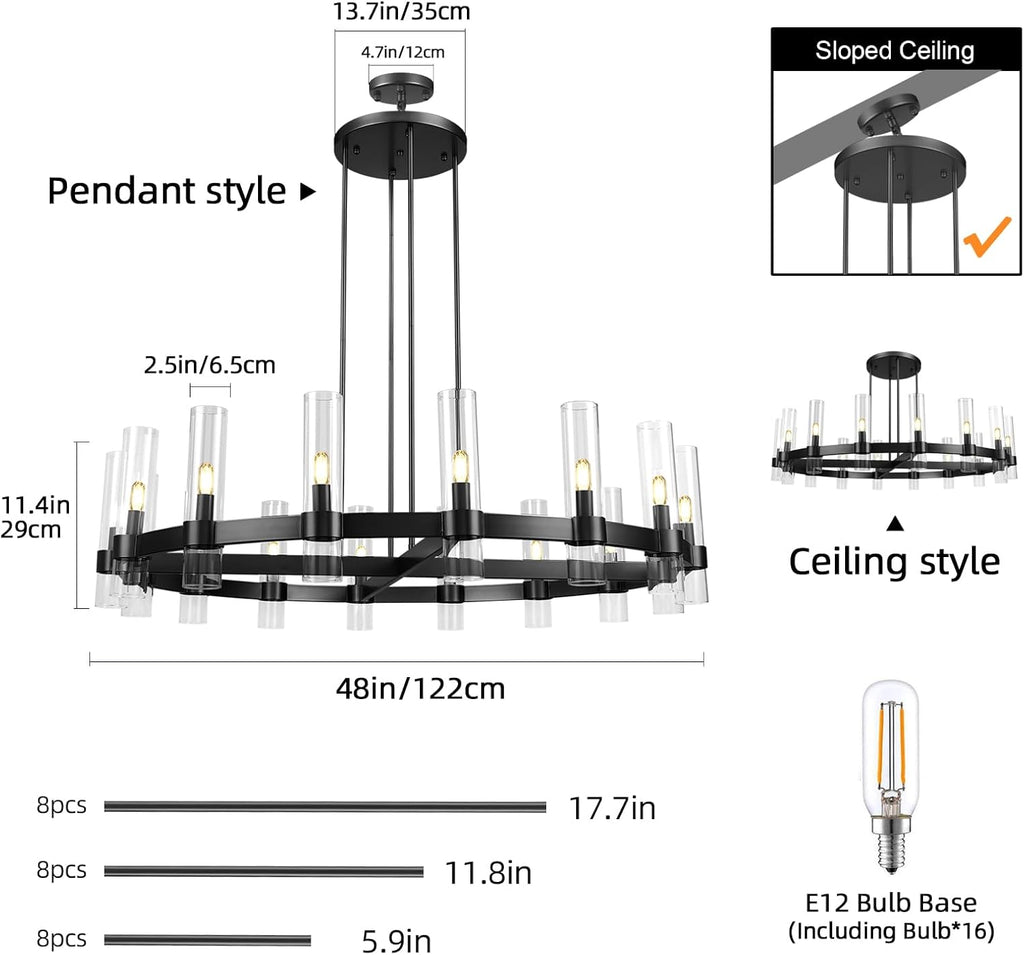 Inspired Ravelle Style Modern 48" Black Wagon Wheel Chandelier, Black Farmhouse Chandeliers for Dining Room,16-Light Round Living Room Chandelier with Glass Tube for Bedroom,Staircase, Foyer, Entryway, Includes Bulbs