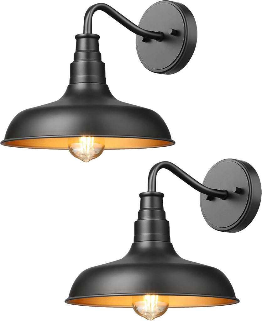 2 Pack Outdoor Wall Light, Gooseneck Barn Light Fixture, Black Matte Wall Mount Lantern, Farmhouse Outside Wall Sconce