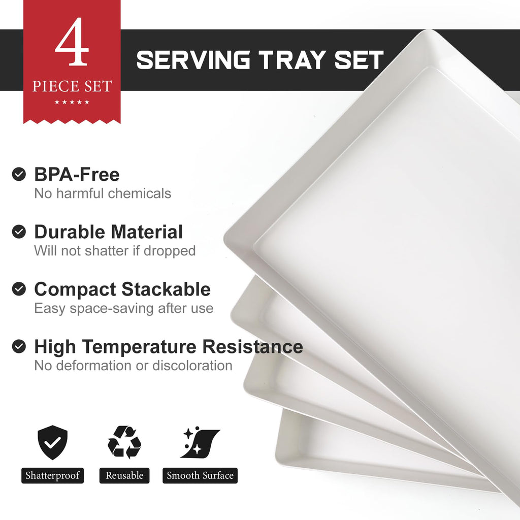 4-Pack Plastic 16" x 11" Large White Serving Trays Set - Reusable Serving Platters for Cookie, Appetizer