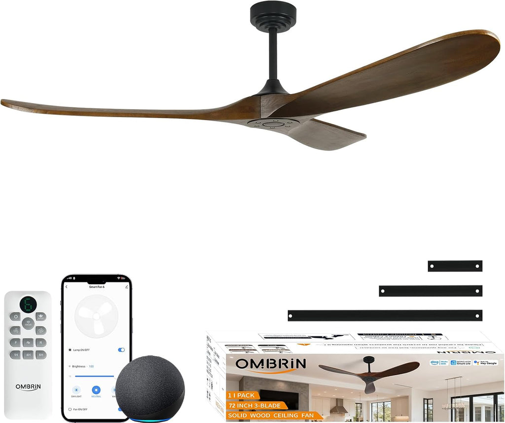 72" Ceiling Fans without Lights, Wood Large Ceiling Fan no Light with Remote Alexa Google App