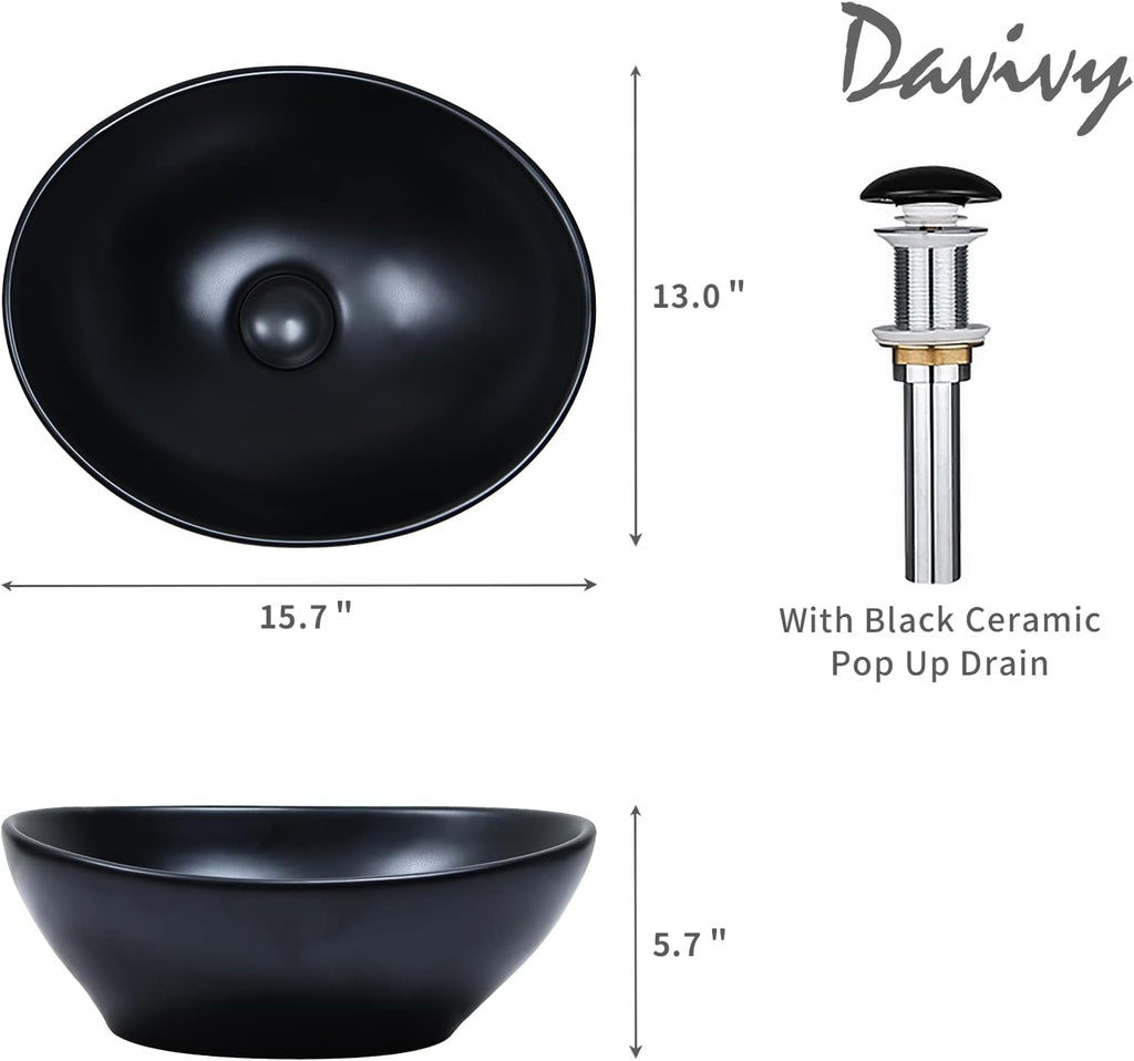 15.7" x 13" Matte Black Oval Vessel Sink with Pop Up Drain,Bathroom Sinks Above Counter,Bathroom Vessel