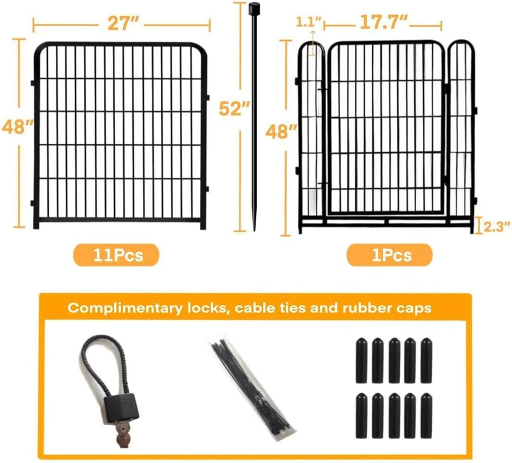 Tall Garden Fence with Gate 48 in(H)×27 in(L) 12 Panels Total 26.6 Ft(L), Garden Fencing to Keep Dogs Out, Heavy Duty