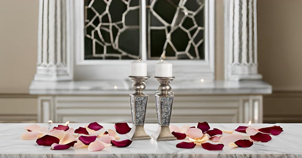 Schonwerk Silver Pillar Candle Holder Set of 2 - Crackled Mosaic Design - Centerpiece Table Decoration - Coffee Table