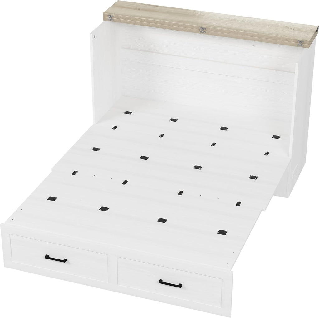 Modern Farmhouse Solid Wood Murphy Cabinet Bed with Charging Station, Foldable Wall Platform Bed with Storage
